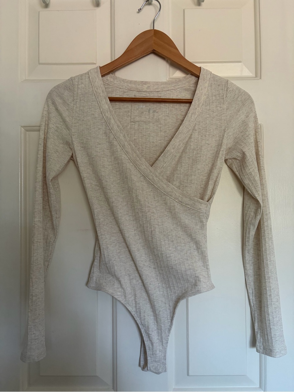 Aerie Ribbed Wrap Front Long Sleeve Bodysuit XS Oatmeal